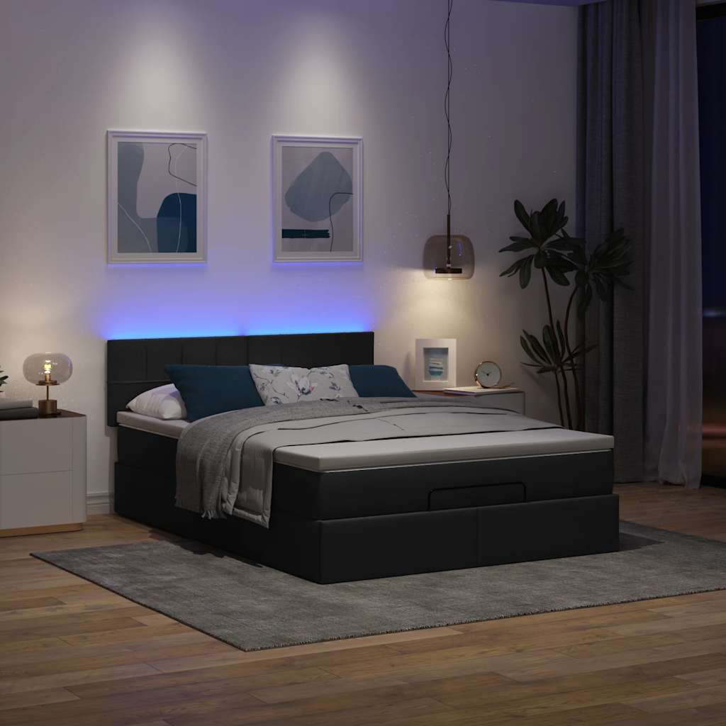 Ottomane Bett mit Matratze & LEDs Schwarz 140x190 cm Stoff