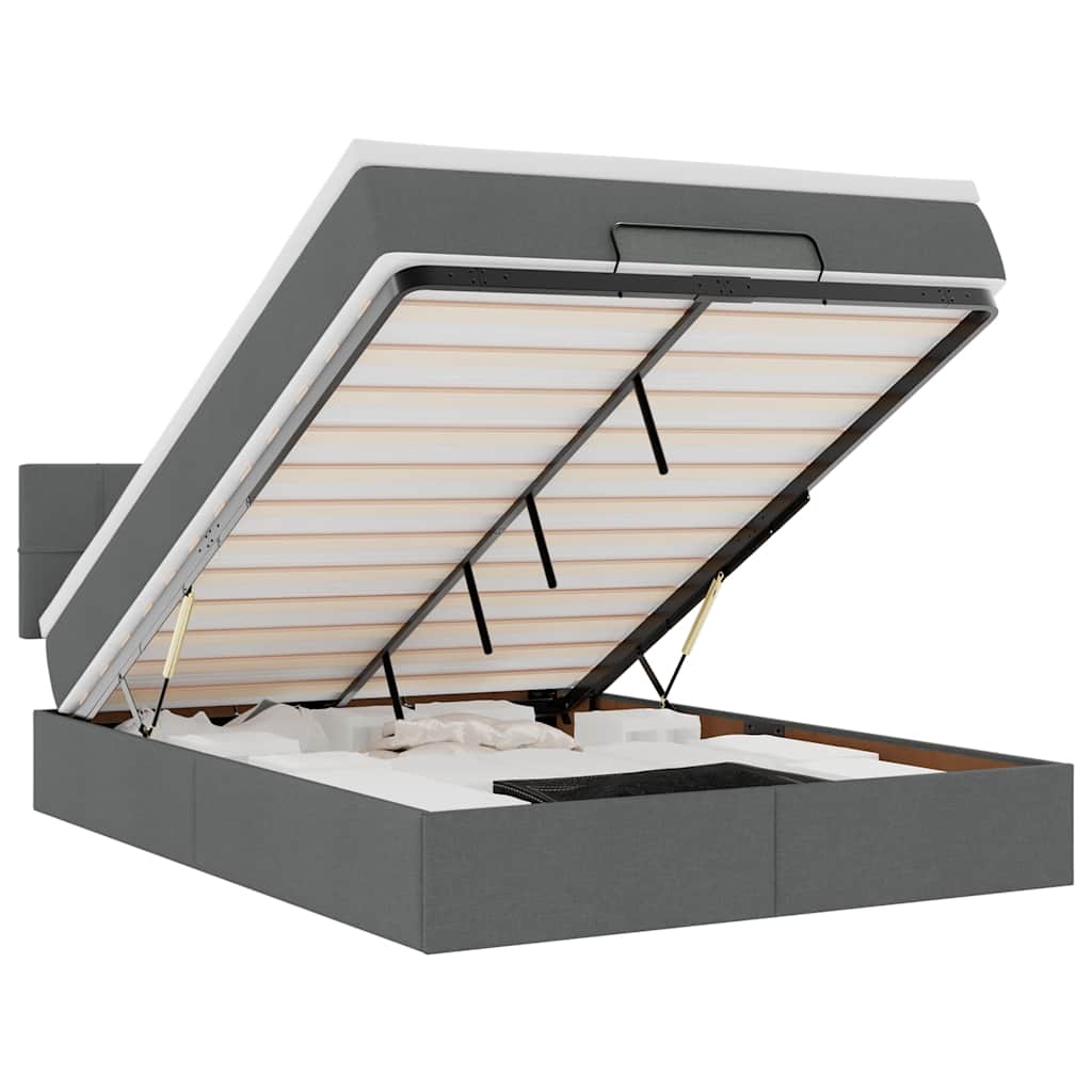 Ottomane Bett mit Matratze & LEDs Dunkelgrau 140x200 cm Stoff