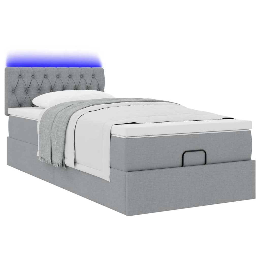 Ottoman-Bett mit Matratze & LEDs Hellgrau 90x190 cm Stoff