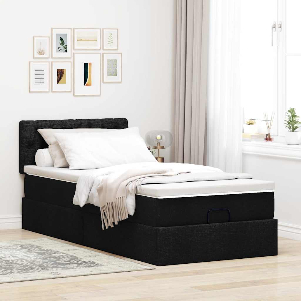Ottoman-Bett mit Matratze & LEDs Schwarz 90x190 cm Stoff