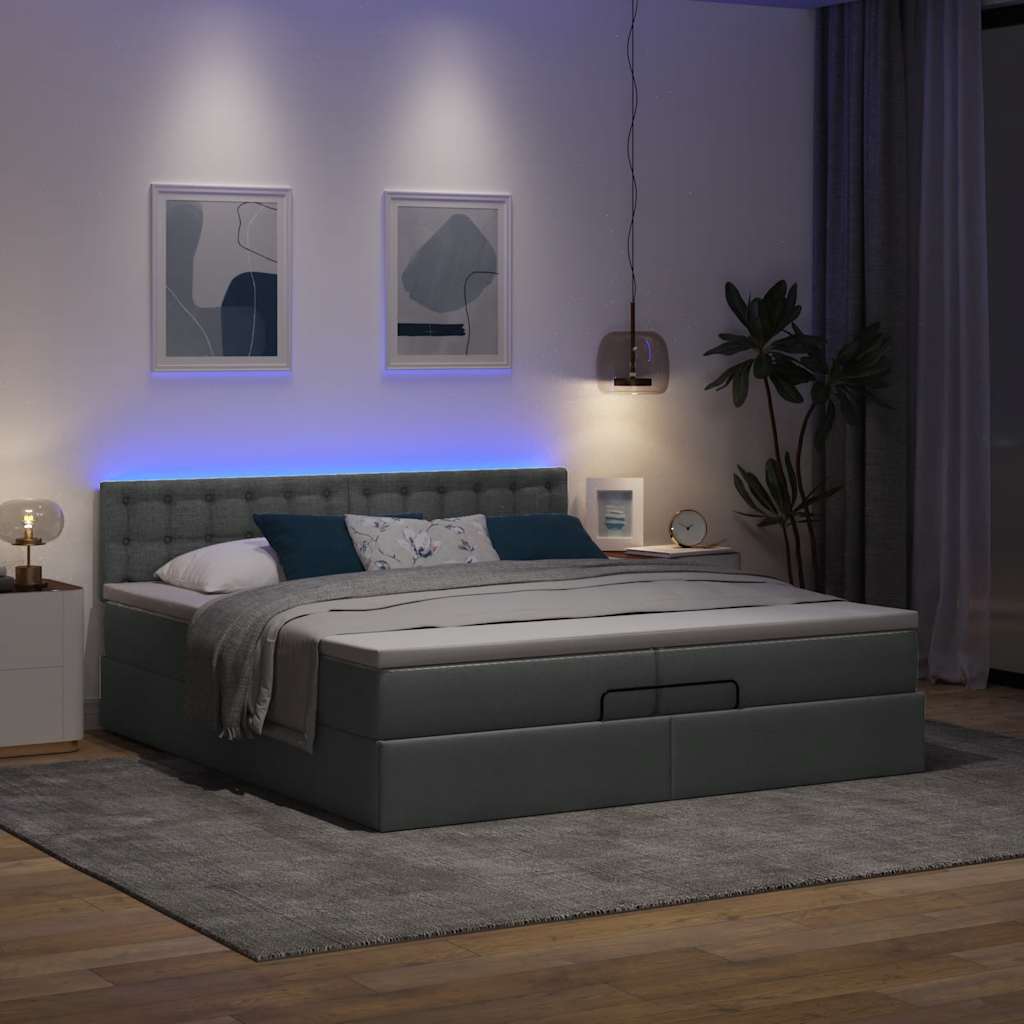 Ottoman-Bett mit Matratzen & LEDs Dunkelgrau 200x200 cm Stoff