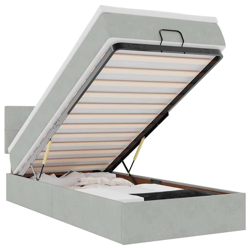 Ottoman-Bett mit Matratze & LEDs Hellgrau 90x190 cm Samt