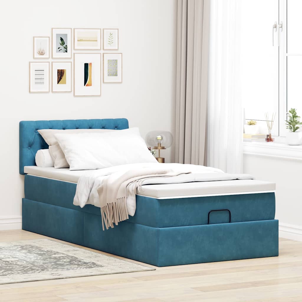 Ottoman-Bett mit Matratze & LEDs Dunkelblau 90x190 cm Samt