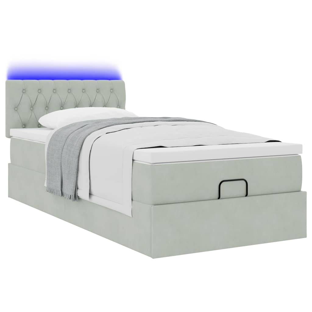 Ottoman-Bett mit Matratze & LEDs Hellgrau 100x200 cm Samt