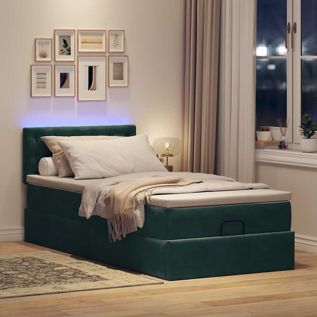 Ottoman-Bett mit Matratze & LEDs Dunkelgrün 90x190 cm Samt