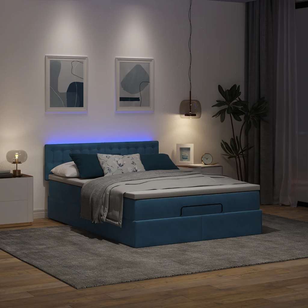 Ottoman-Bett mit Matratze & LEDs Dunkelblau 140x200 cm Samt