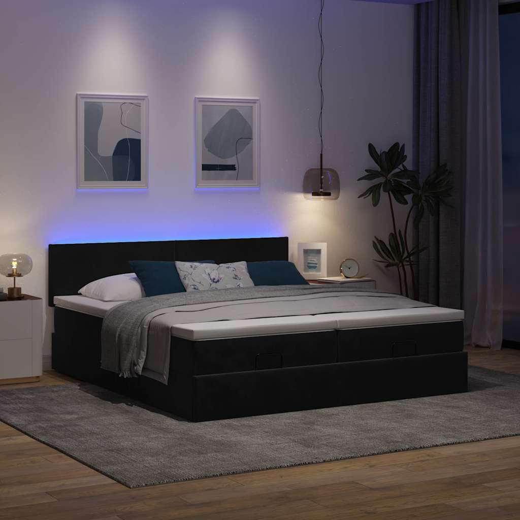 Ottoman-Bett mit Matratzen & LEDs Schwarz 180x200 cm Samt