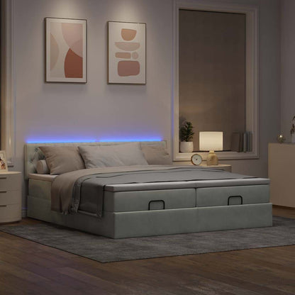 Ottoman-Bett mit Matratzen & LEDs Hellgrau 200x200 cm Samt