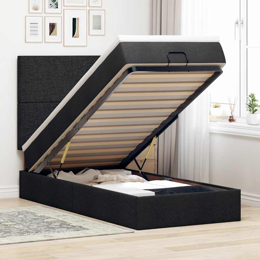 Ottoman-Bett mit Matratze & LEDs Schwarz 90x190 cm Stoff