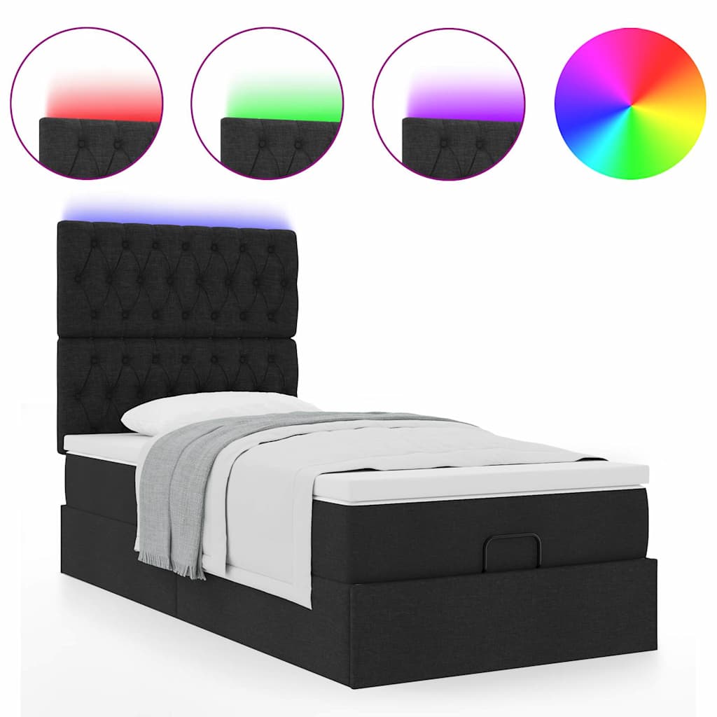 Ottoman-Bett mit Matratze & LEDs Schwarz 90x190 cm Stoff