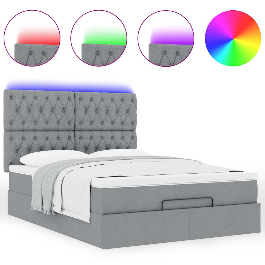 Ottoman-Bett mit Matratze & LEDs Hellgrau 140x190 cm Stoff