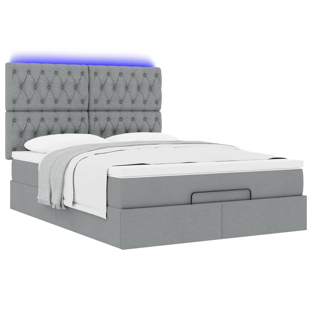 Ottoman-Bett mit Matratze & LEDs Hellgrau 140x190 cm Stoff