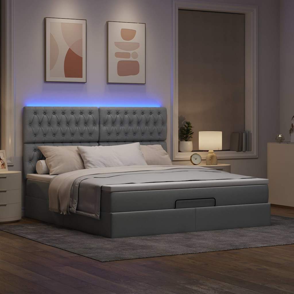 Ottoman-Bett mit Matratze & LEDs Hellgrau 160x200 cm Stoff