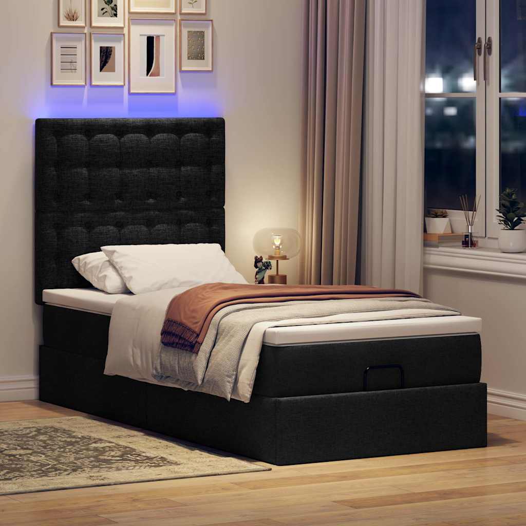 Ottoman-Bett mit Matratze & LEDs Schwarz 90x190 cm Stoff