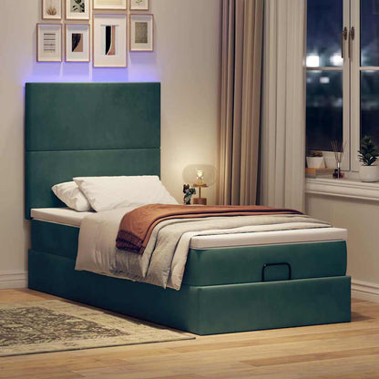 Ottoman-Bett mit Matratzen & LEDs Dunkelgrün 90x190 cm Samt