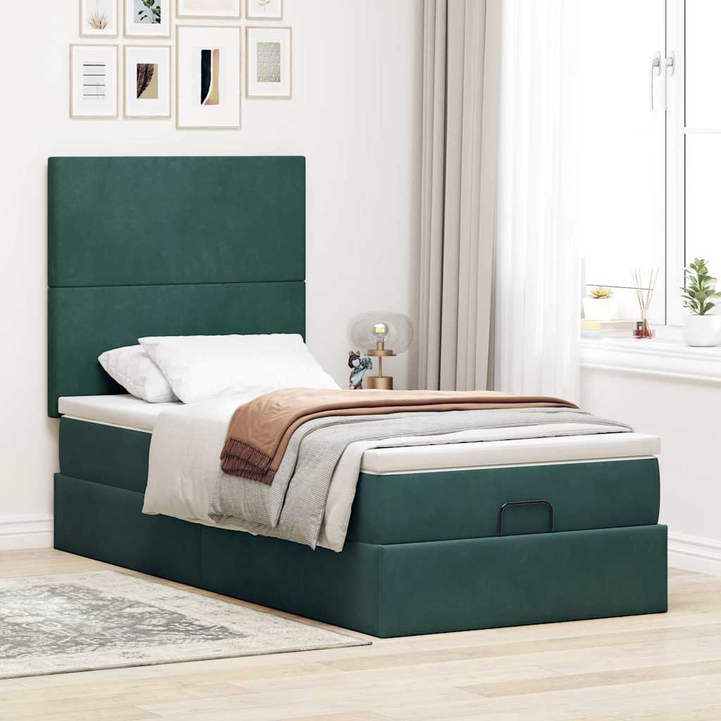 Ottoman-Bett mit Matratzen & LEDs Dunkelgrün 90x190 cm Samt