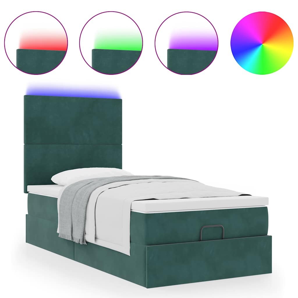 Ottoman-Bett mit Matratzen & LEDs Dunkelgrün 90x190 cm Samt