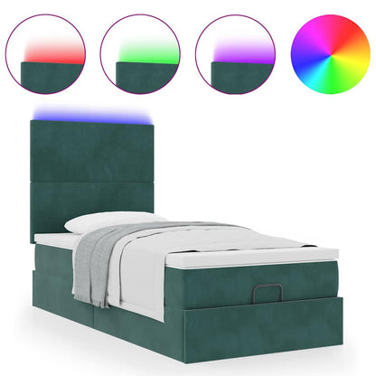 Ottoman-Bett mit Matratzen & LEDs Dunkelgrün 90x190 cm Samt