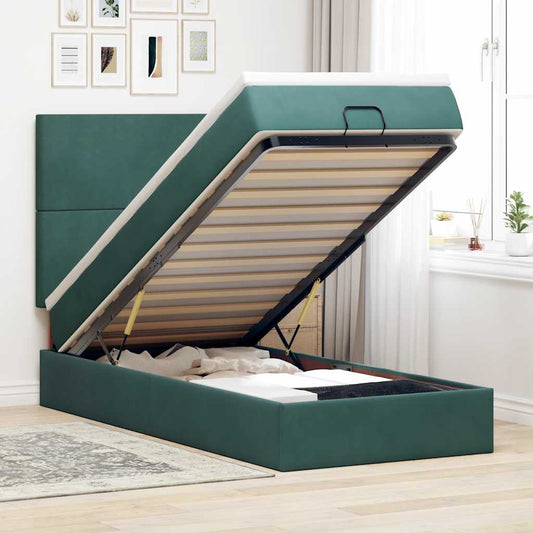 Ottoman-Bett mit Matratzen & LEDs Dunkelgrün 90x190 cm Samt