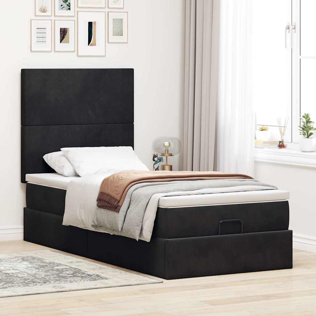 Ottoman-Bett mit Matratzen & LEDs Schwarz 90x200 cm Samt