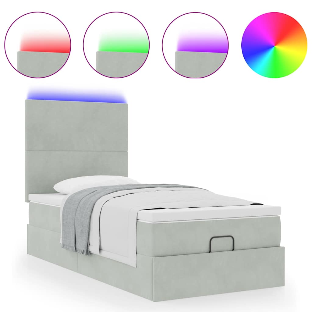 Ottoman-Bett mit Matratzen & LEDs Hellgrau 100x200 cm Samt