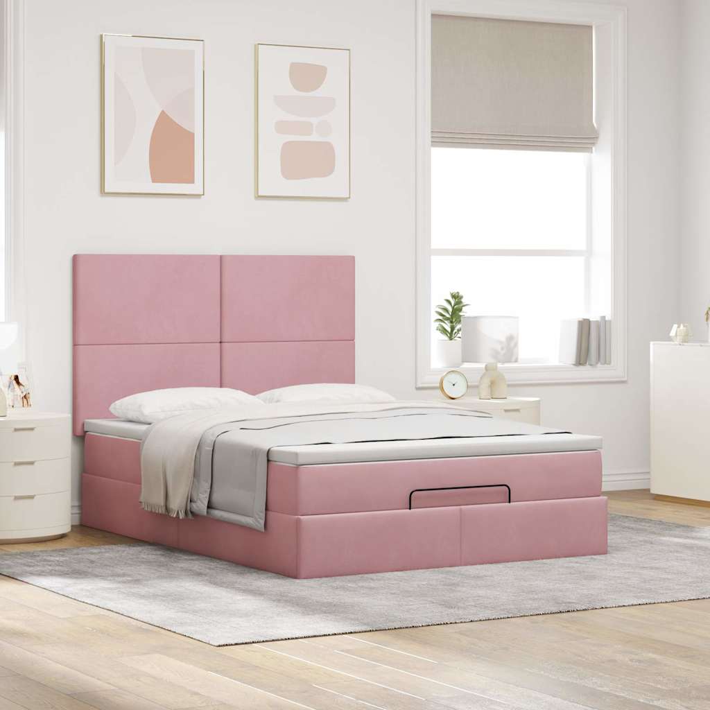 Ottoman-Bett mit Matratzen & LEDs Rosa 140x200 cm Samt