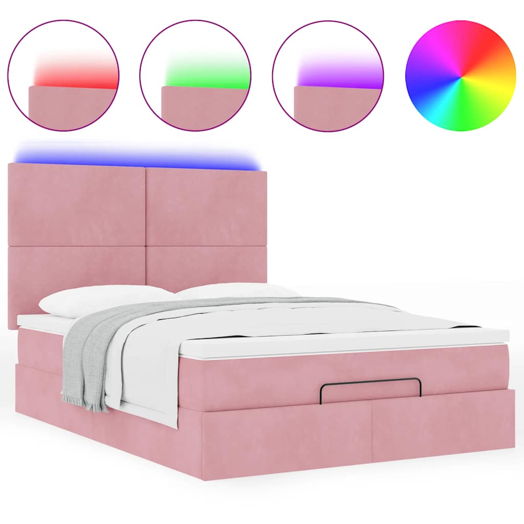 Ottoman-Bett mit Matratzen & LEDs Rosa 140x200 cm Samt