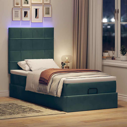 Ottoman-Bett mit Matratzen & LEDs Dunkelgrün 90x190 cm Samt