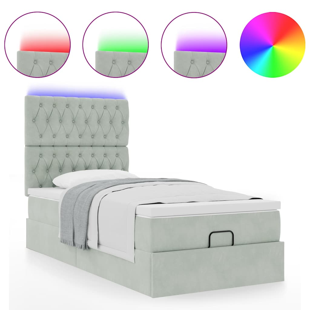 Ottoman-Bett mit Matratzen & LEDs Hellgrau 100x200 cm Samt