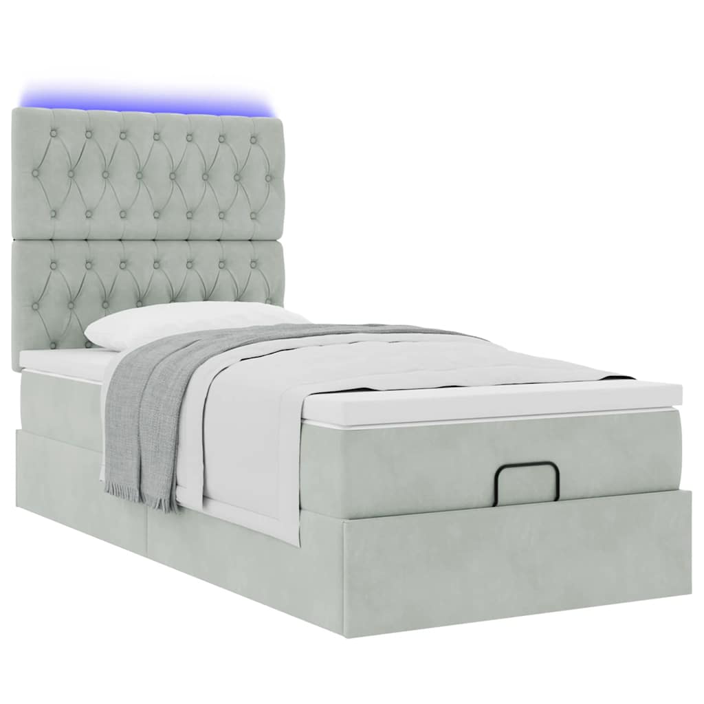 Ottoman-Bett mit Matratzen & LEDs Hellgrau 100x200 cm Samt