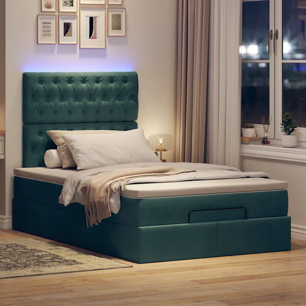Ottoman-Bett mit Matratzen & LEDs Dunkelgrün 120x190 cm Samt