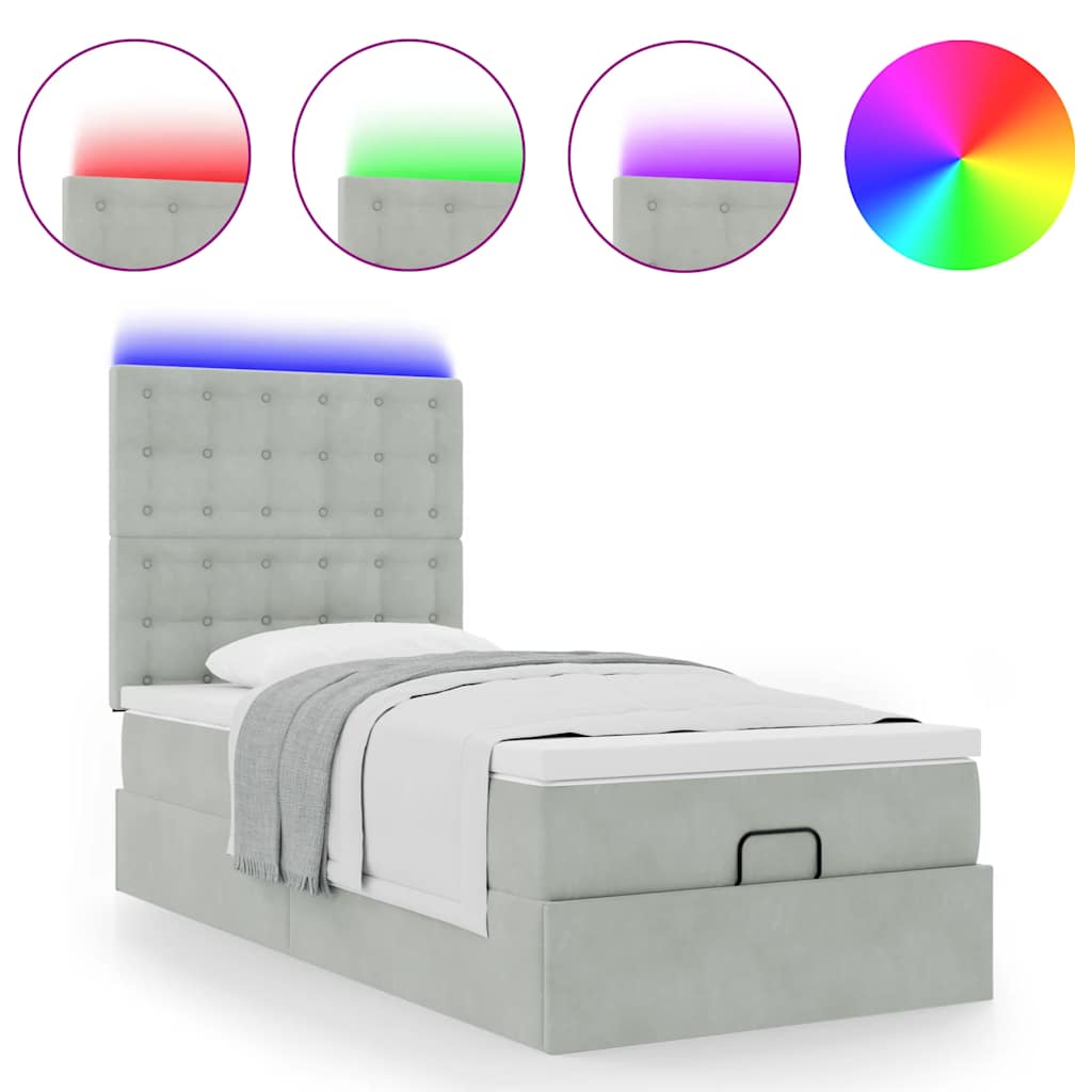 Ottoman-Bett mit Matratzen & LEDs Hellgrau 100x200 cm Samt