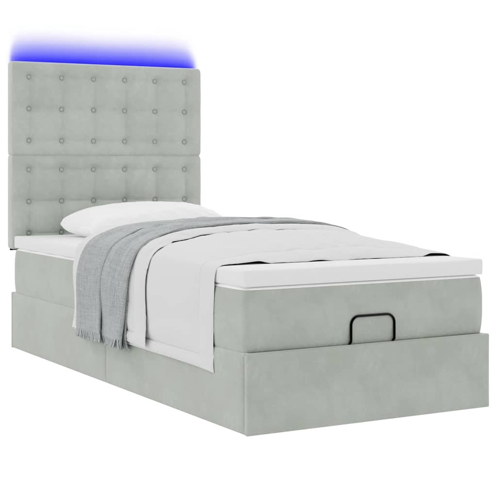 Ottoman-Bett mit Matratzen & LEDs Hellgrau 100x200 cm Samt