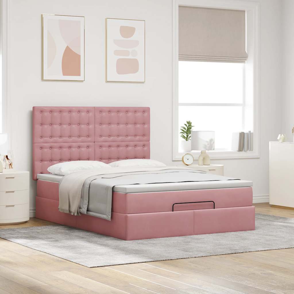 Ottoman-Bett mit Matratzen & LEDs Rosa 140x200 cm Samt