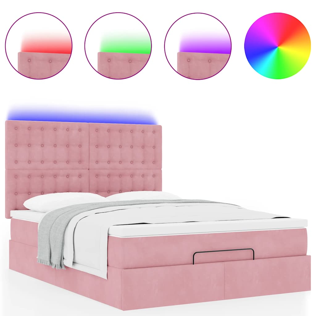 Ottoman-Bett mit Matratzen & LEDs Rosa 140x200 cm Samt