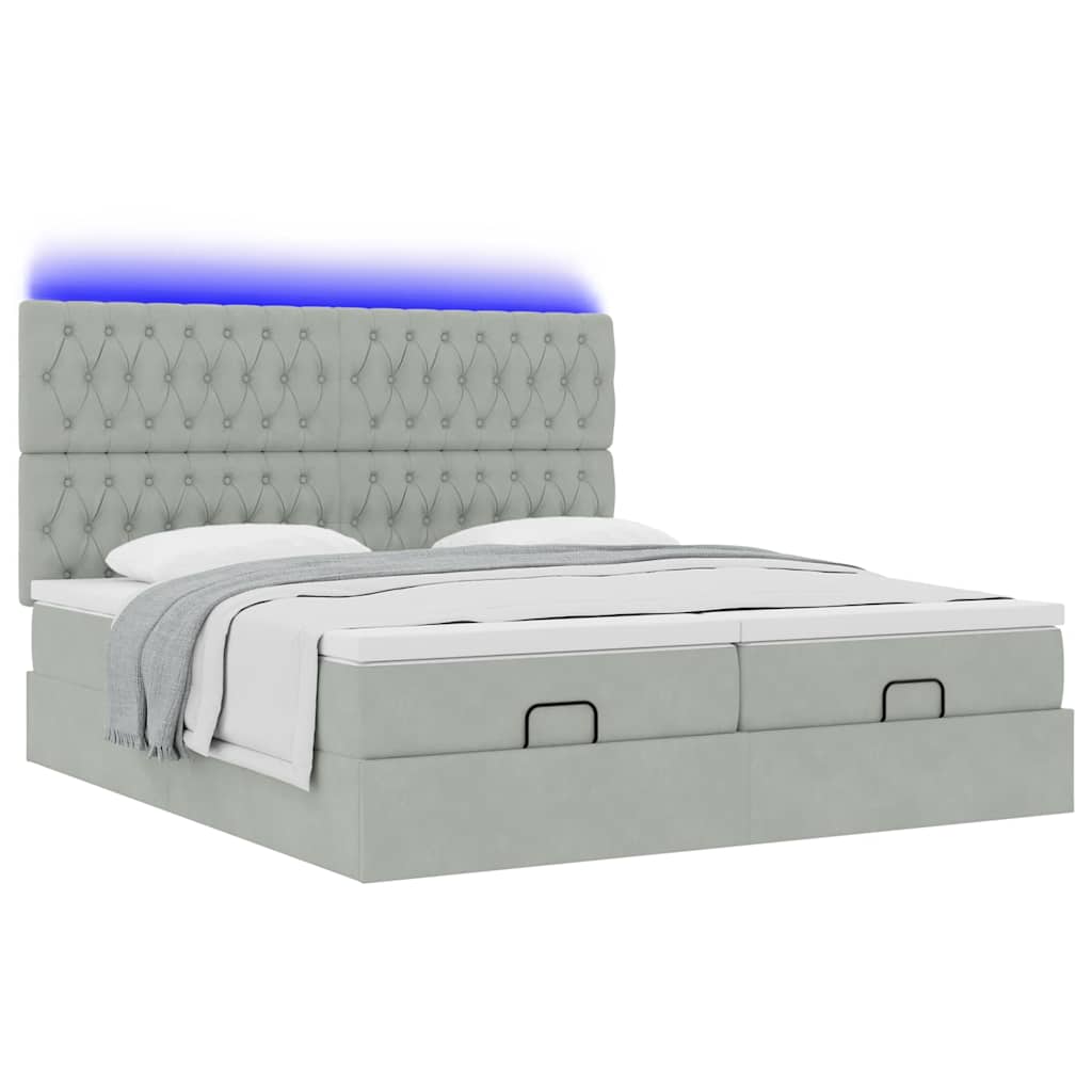 Ottoman-Bett mit Matratzen & LEDs Hellgrau 200x200 cm Samt