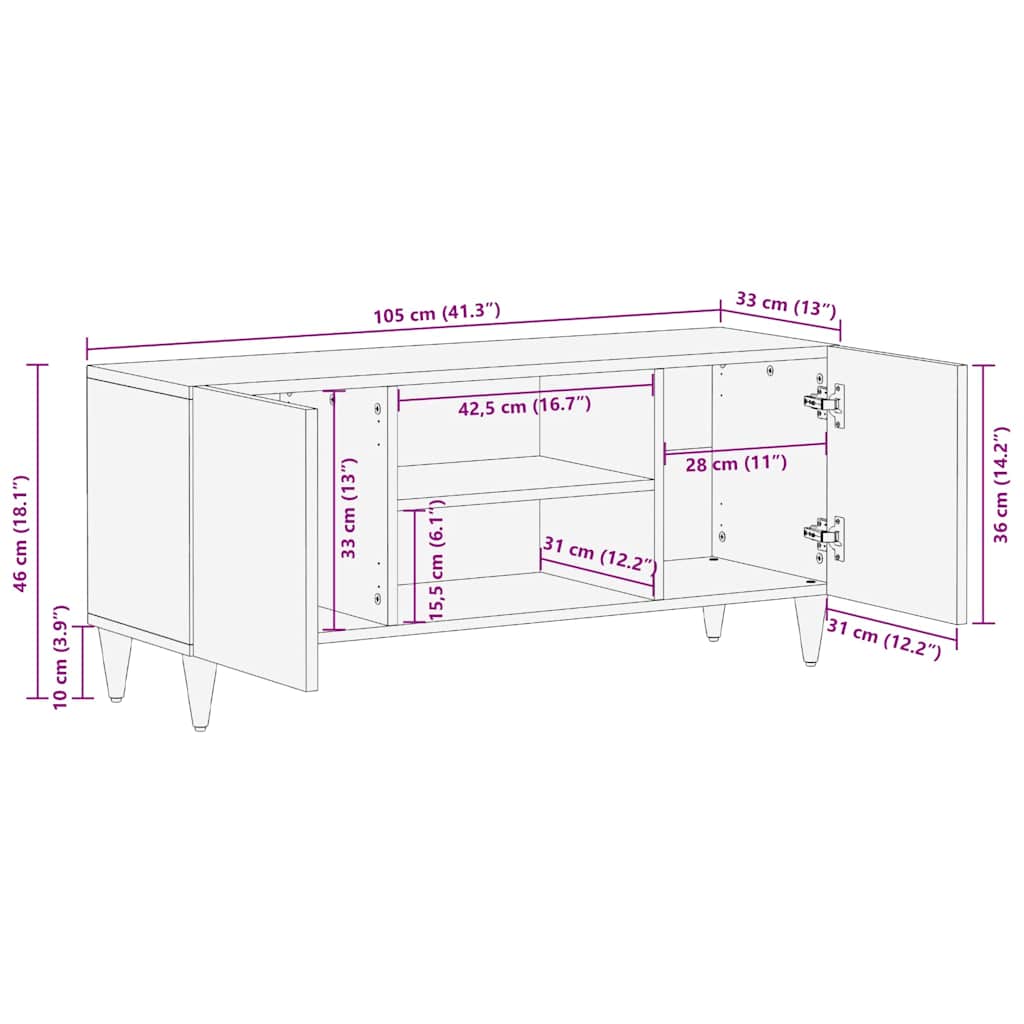 TV-Schrank mit Regal Braun 105 x 33,5 x 46 cm Massivholz Mango