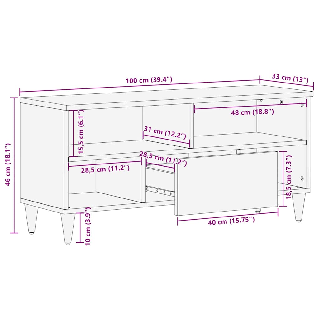 TV-Schrank mit Regal Braun 100 x 33.5 x 46 cm Massivholz Mango
