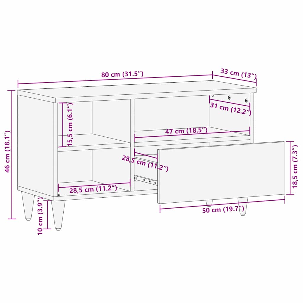TV-Schrank mit Regal Braun 80 x 33.5 x 46 cm Massivholz Mango