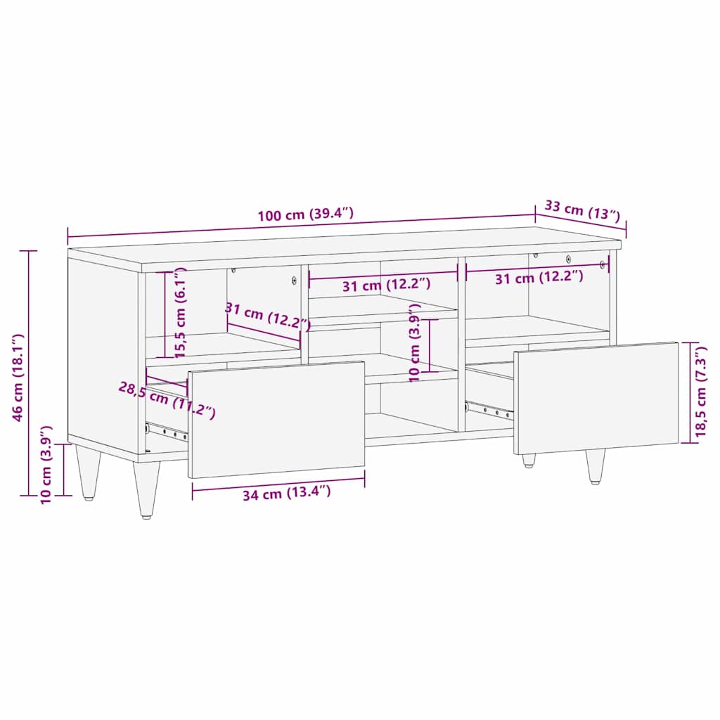 TV-Schrank mit Regal Braun 100 x 33.5 x 46 cm Massivholz Mango