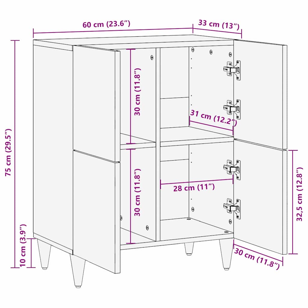 Sideboard mit Regal Braun 60 x 33 x 75 cm Massivholz Mango