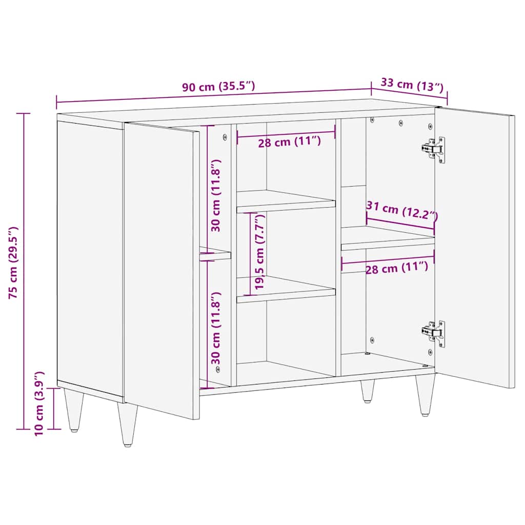 Sideboard mit Regal Braun 90 x 33.5 x 75 cm Massivholz Mango