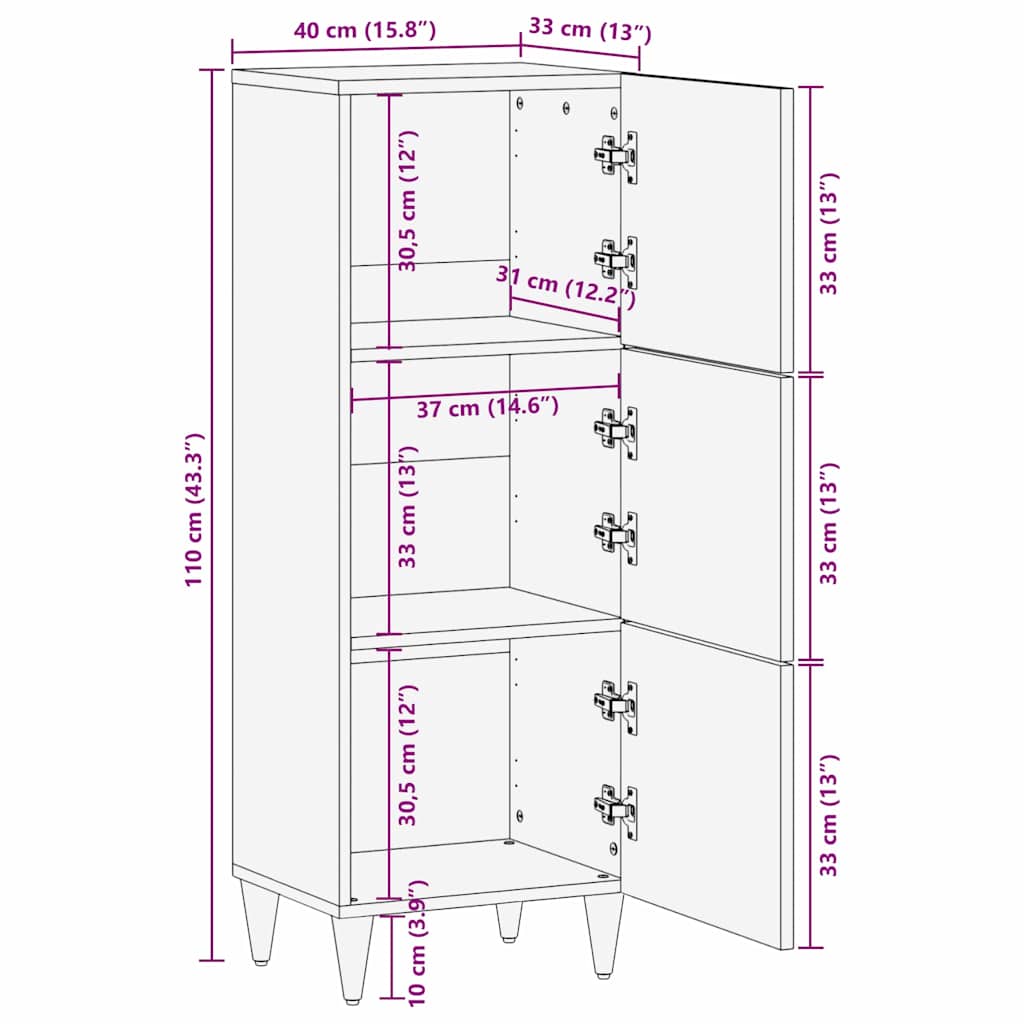 Highboard mit Regal Braun 40 x 33.5 x 110 cm Massivholz Mango