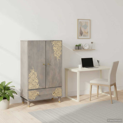 Highboard Grau und Gold 60 x 33 x 100 cm Massivholz Mango