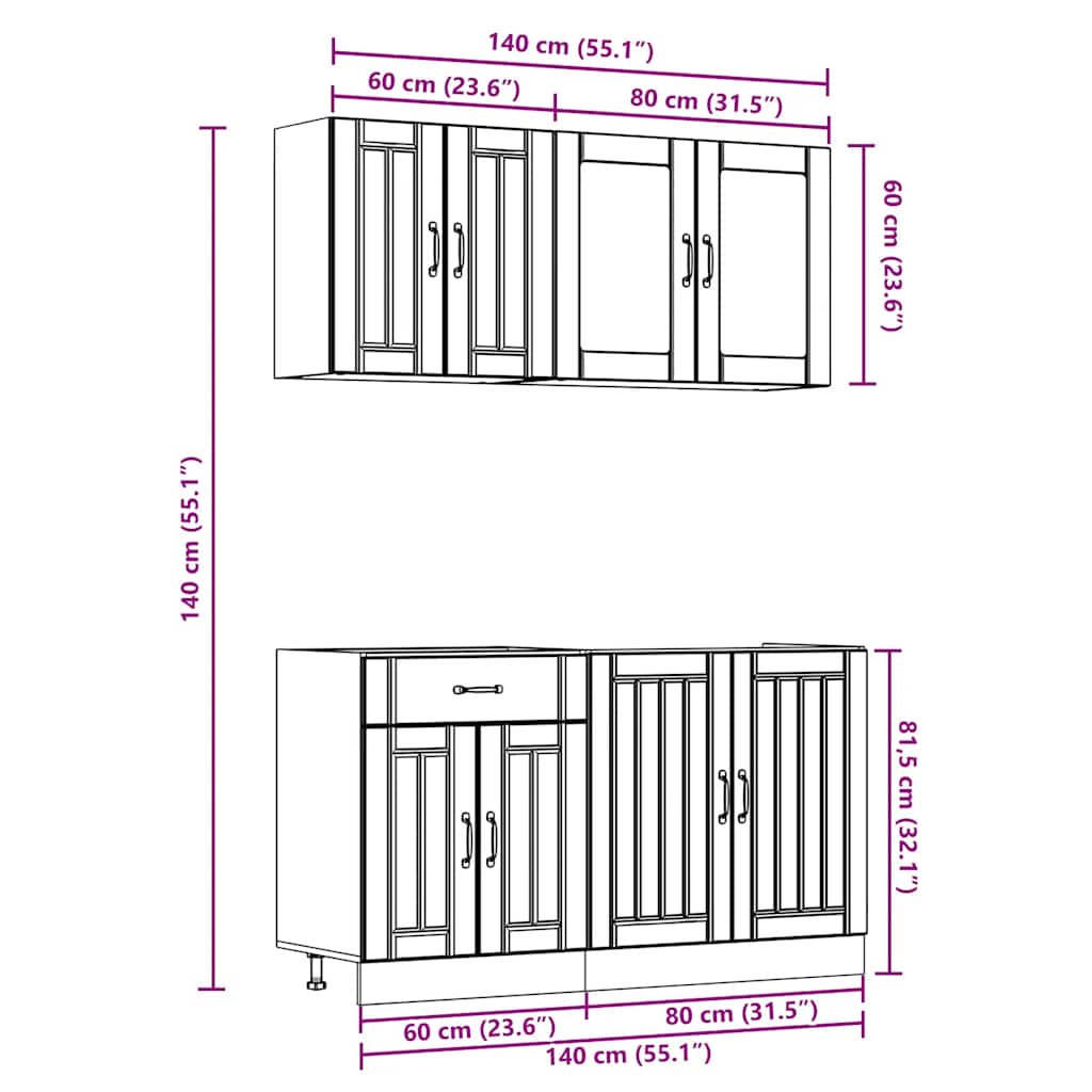 4-tlg. Küchenschrank-Set Lucca Braun Eichen-Optik Holzwerkstoff