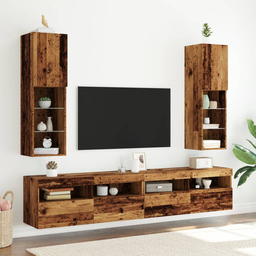 TV-skabe med LED lys 2 stk gammelt træ look 30,5x30x102cm