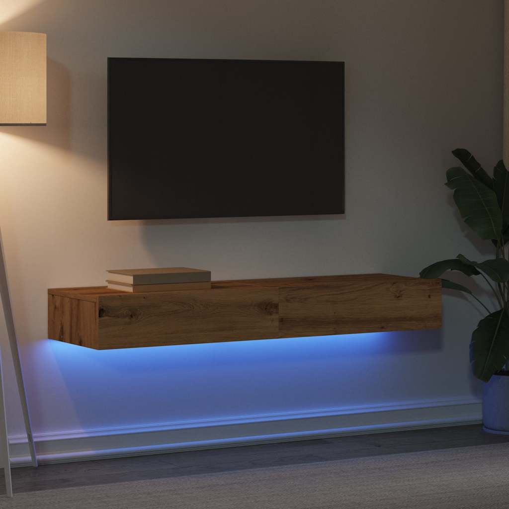 TV-skabe med LED-lys 2 stk. Håndværks eg 60x35x15,5 cm