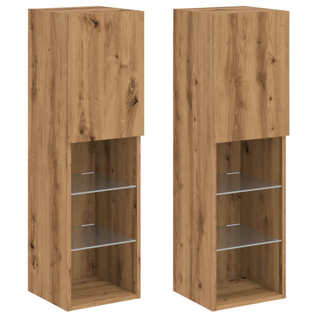 TV-skabe med LED lys 2 stk. Håndværks eg 30,5x30x102cm