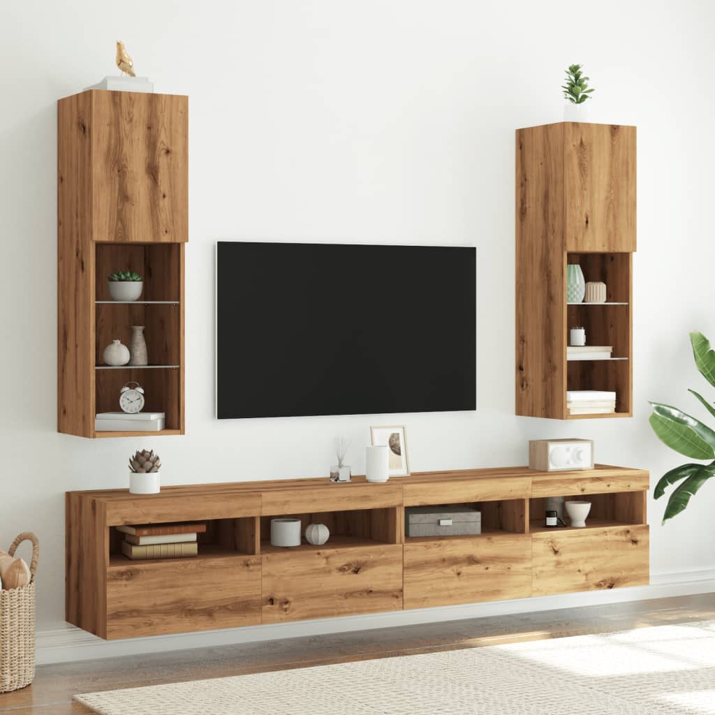 TV-skabe med LED lys 2 stk. Håndværks eg 30,5x30x102cm