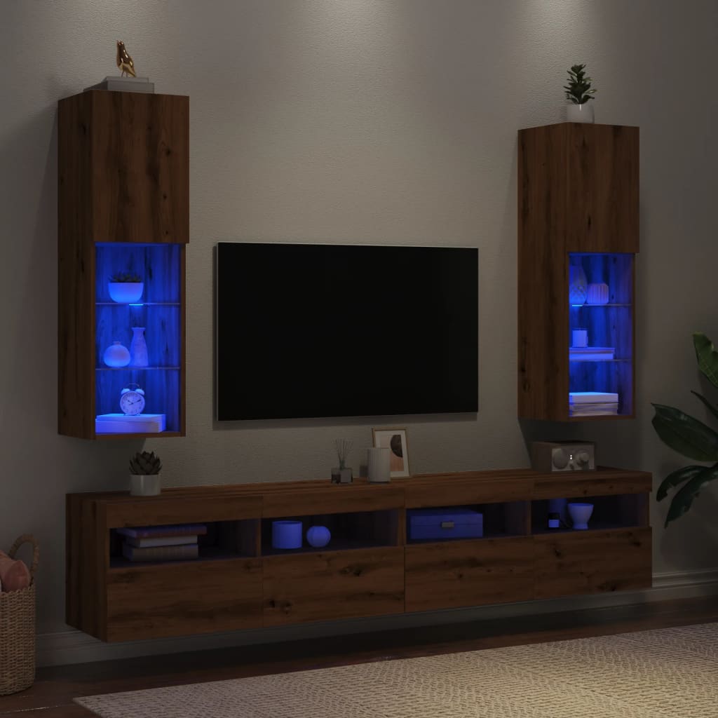 TV-skabe med LED lys 2 stk. Håndværks eg 30,5x30x102cm